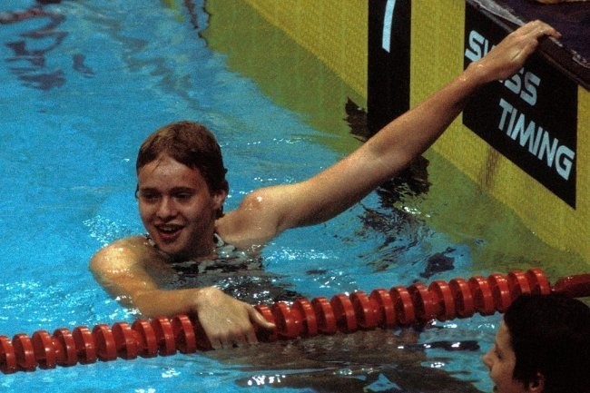 Petra Thümer unmittelbar nach ihrem Olympiasieg 1976 in Montreal über 400 m Freistil. Fotos: imago/Sven Simon/Archiv; privat